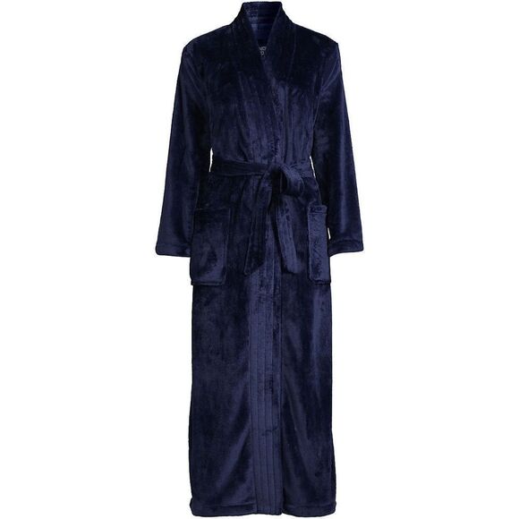 Land's End Cozy Plush Long Wrap Robe Inner Tie Polyester Soft Deep Navy Size Med - Picture 1 of 6